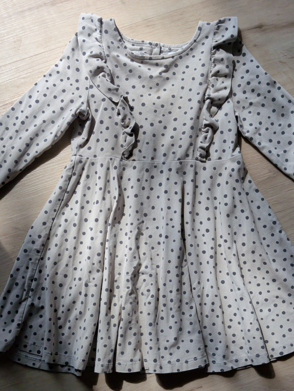 Polarn O. Pyret Cream and Gray Polka Dot Ruffle Dress